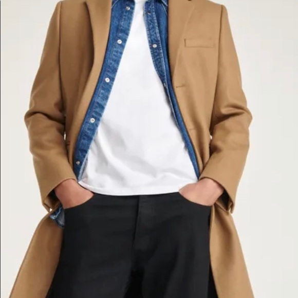 BEIGE STRAIGHT-CUT WOOL COAT LEATHER DETAIL - Picture 5 of 5